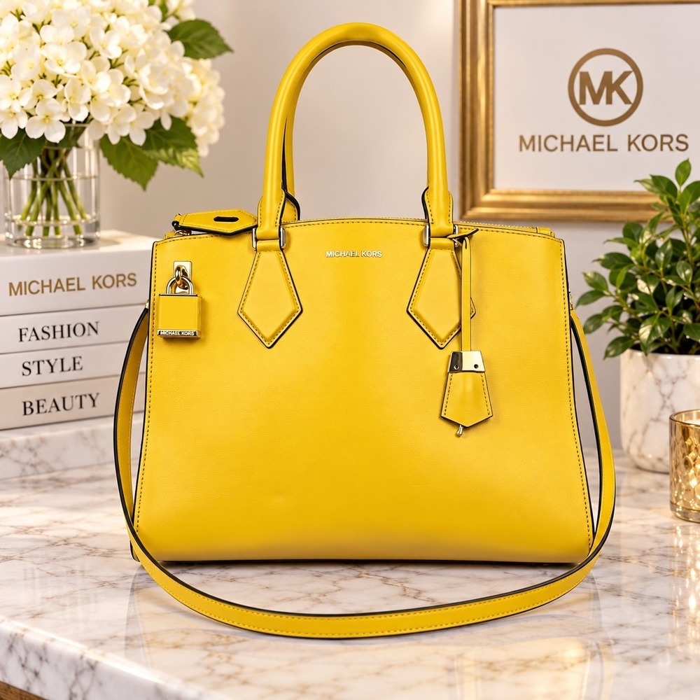 Michael Kors Mercer Large Yellow Leather Satchel Crossbody Bag Gold Hardware